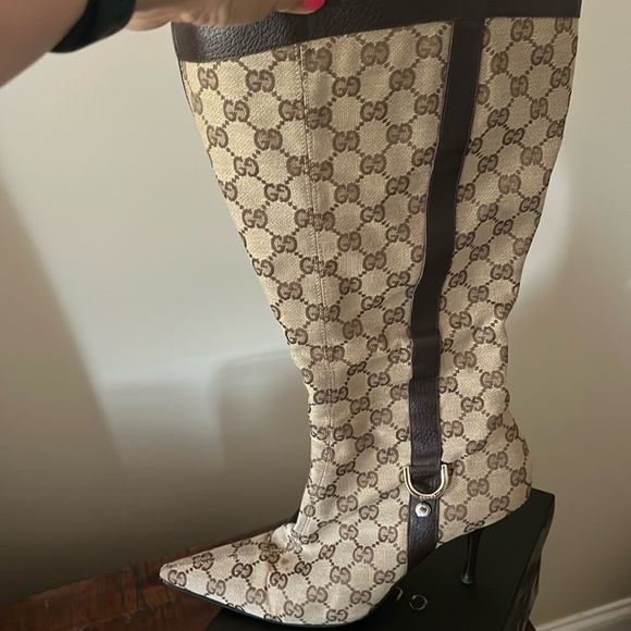 Gucci canvas monogram heeled boots size 8 1/2 - Picture 1 of 10